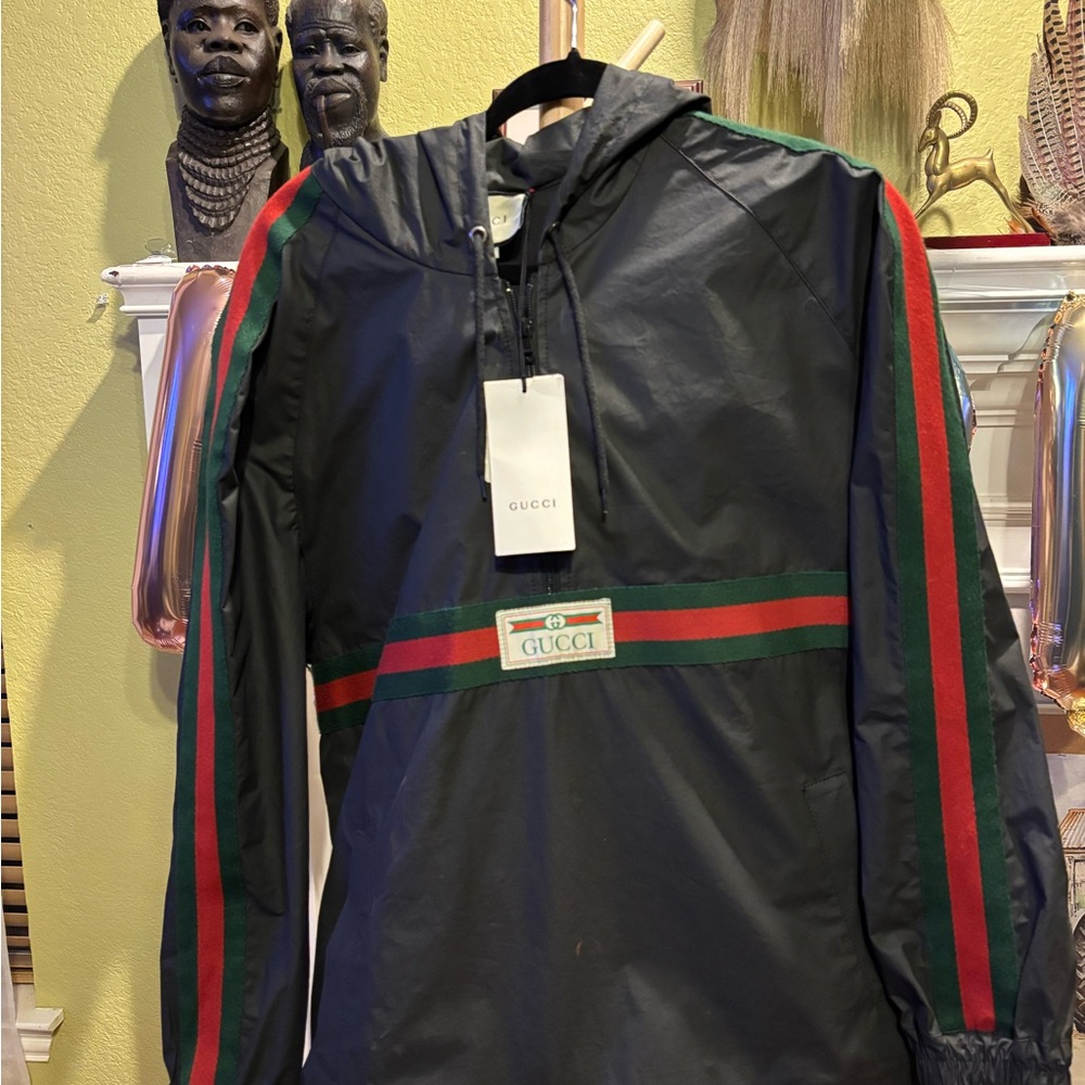 Gucci Hooded Windbreaker with Red and Green Accents